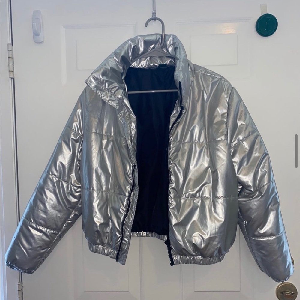 Silver puffer coat